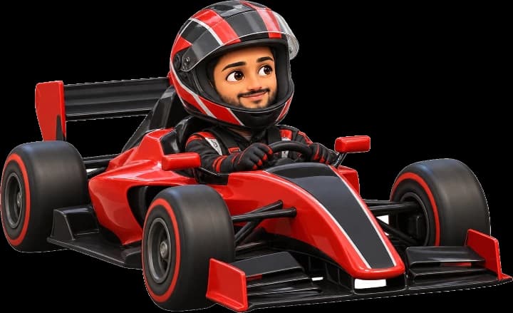 Aashir driving a red race car down the road